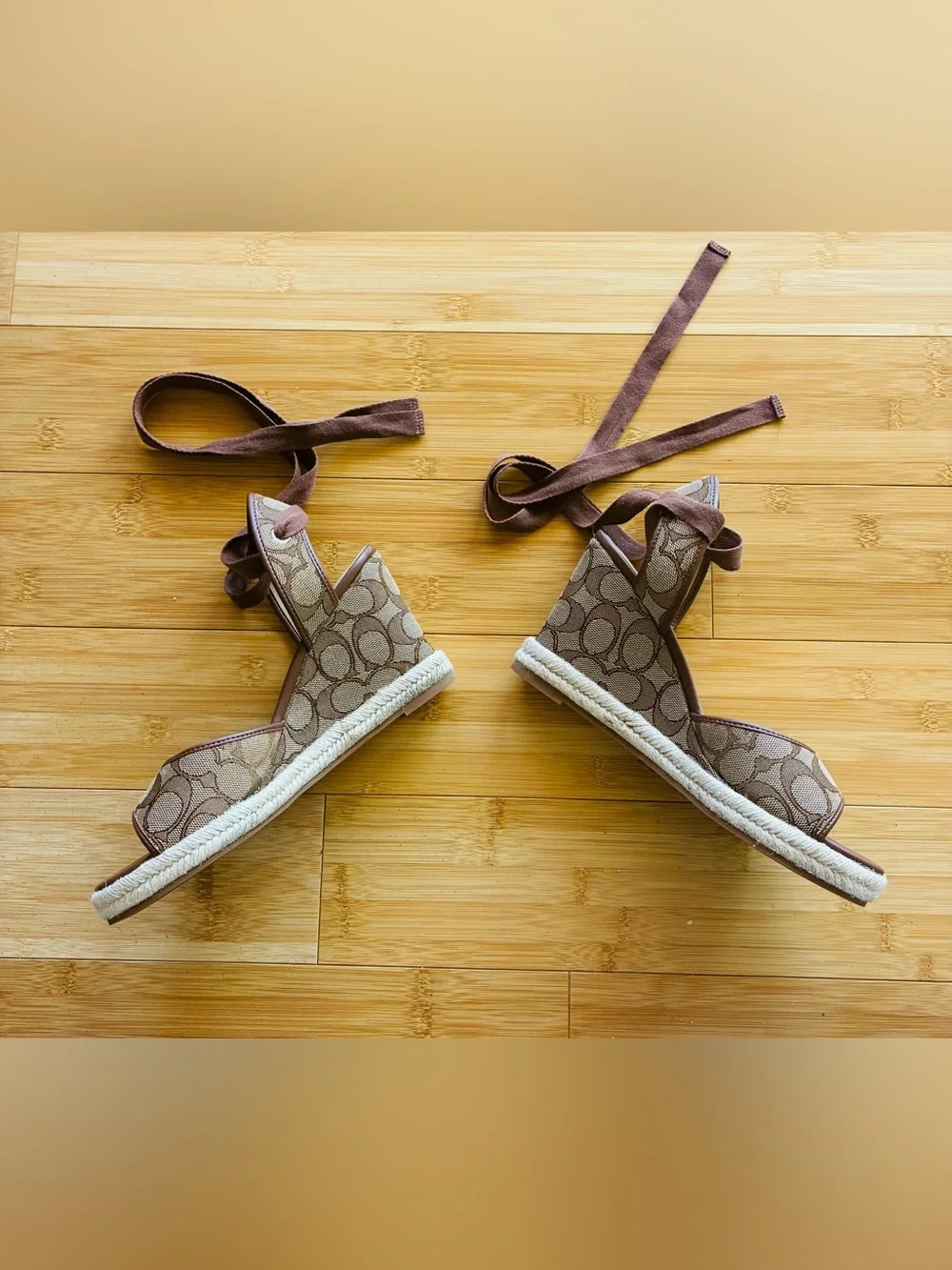 Coach Brown Signature Canvas Espadrille Wedge Sandals
